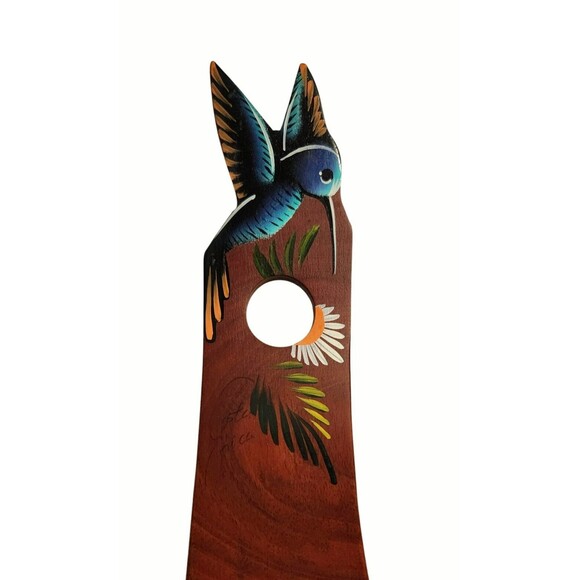 COSTA RICA Wine Bottle Holder 12" Handpainted Hummingbird Flower Wood Balancing - Picture 6 of 8